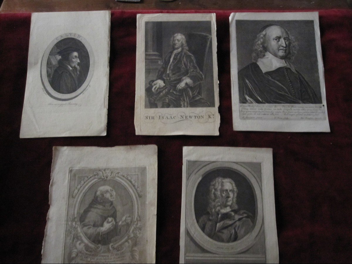 5 Engravings From The S. XVII And XVIII. Calvin, Newton And 3 Other Characters