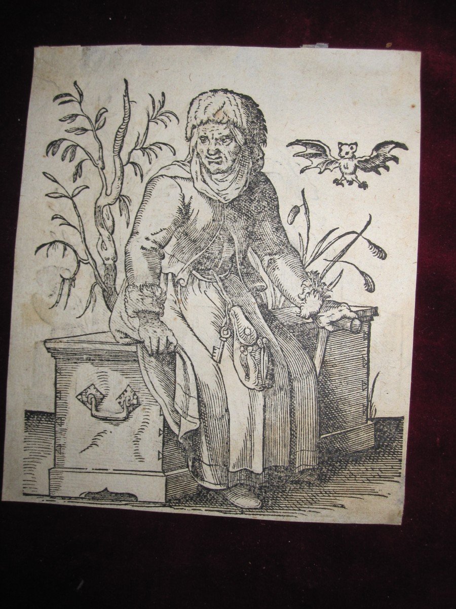 Rare Wood Engraving From The 16th Century: Witch. Engraved On Both Sides-photo-2