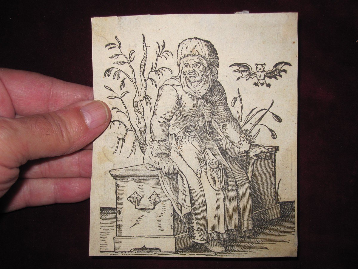 Rare Wood Engraving From The 16th Century: Witch. Engraved On Both Sides-photo-2