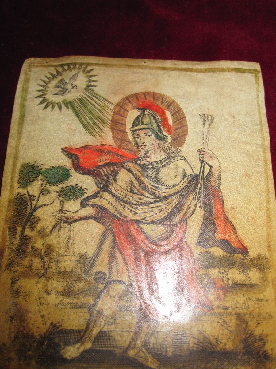 Saint Sebastian. Engraving On Colored Parchment. 17th Century Dimensions: 12 X 9 Cm-photo-1