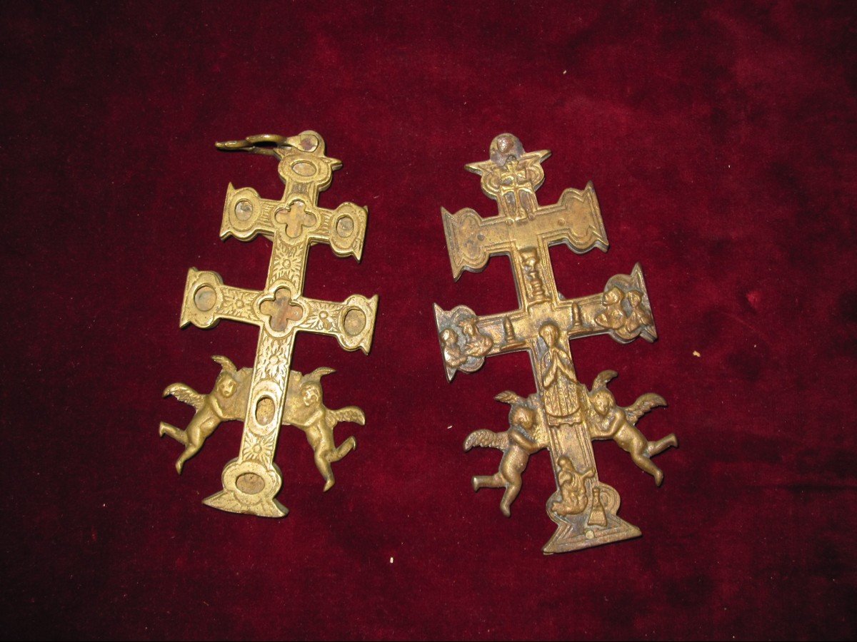 Deux Croix Caravaca En Bronze. Espagne XVIIIe Siècle-photo-2