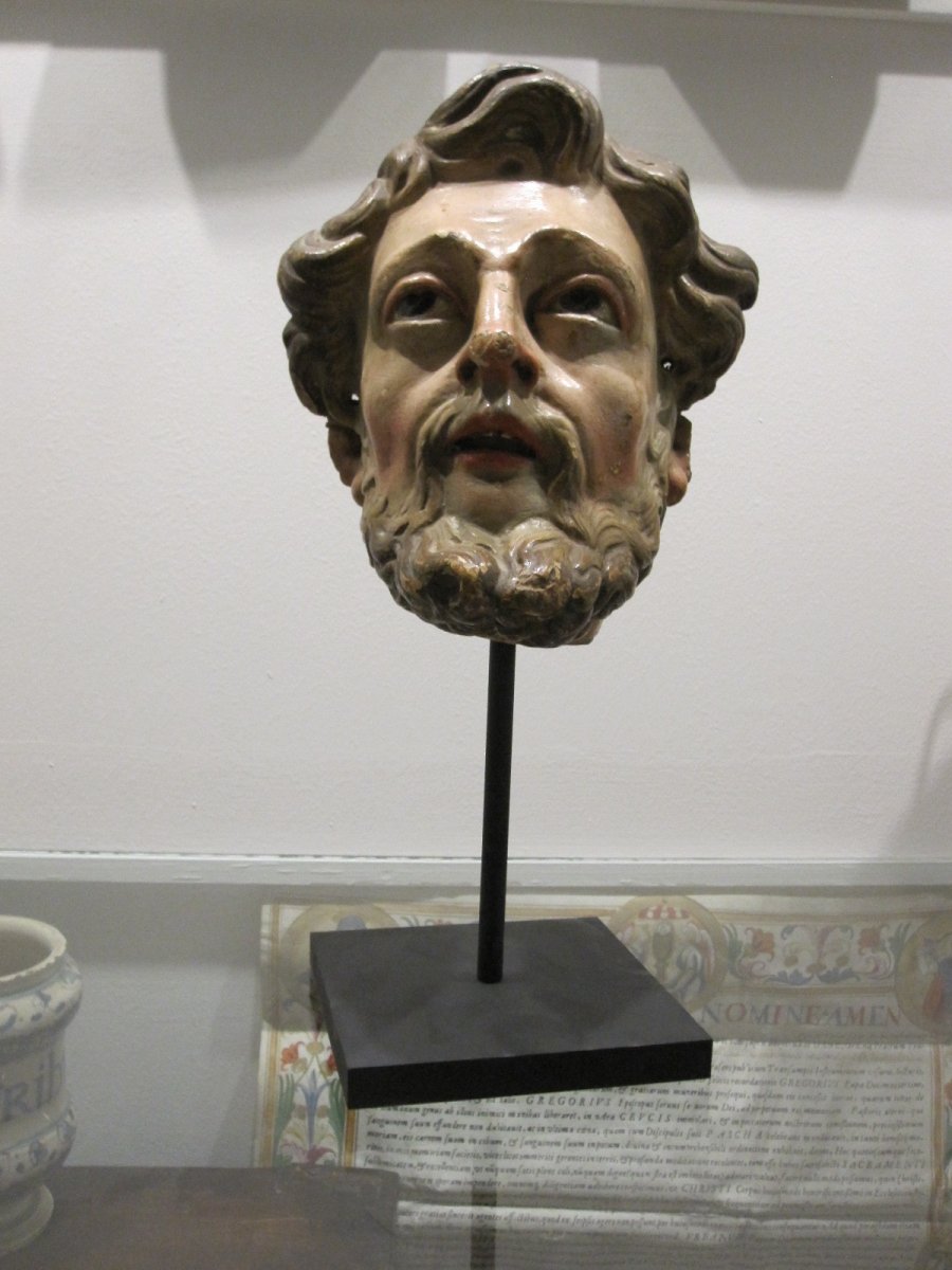 Saint's Head, Polychrome Carving From The 17th Century -photo-4