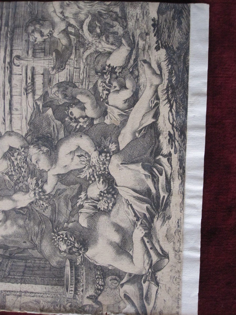 Bacchanal Scene. Copper Engraving From S. XVII. Signed M. Dorigny-photo-2