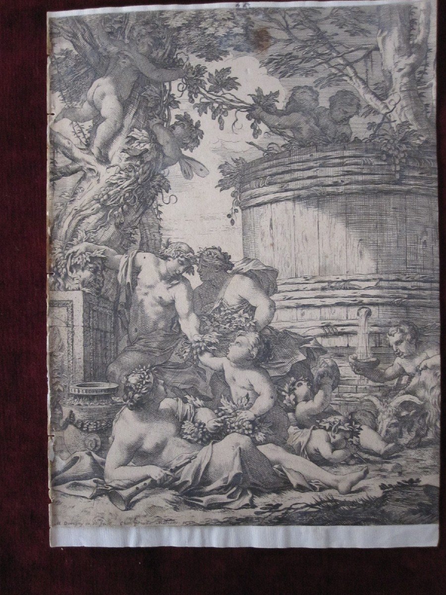 Scène Bacchanale. Gravure Sur Cuivre Du S. XVII. Signé M. Dorigny-photo-1