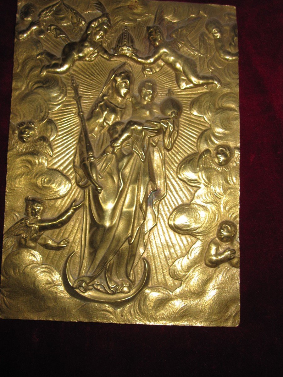 Vierge Couronnée d'Anges. Plaque De Dévotion En Bronze. Habsbourg XVIIe Siècle-photo-2