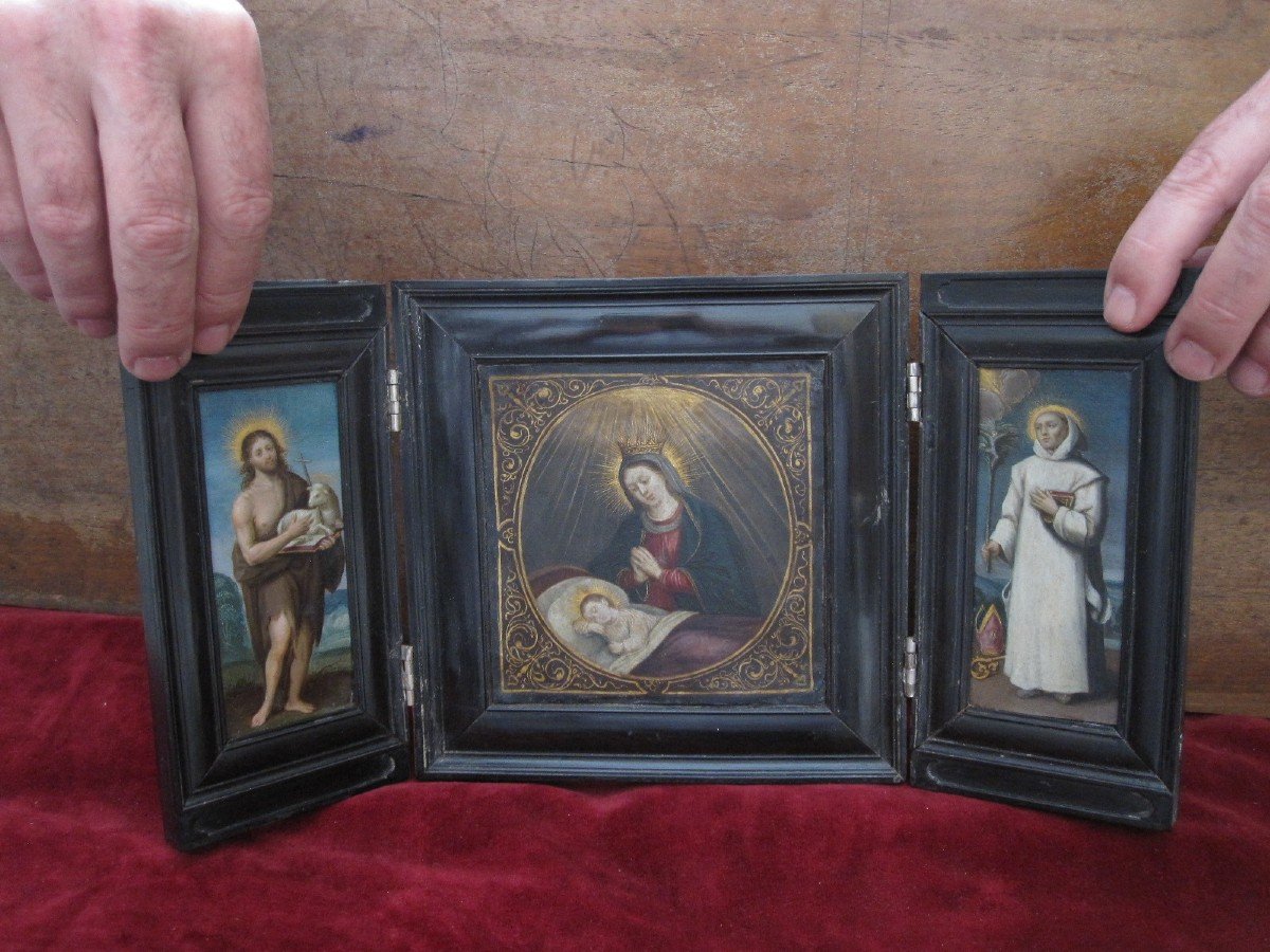 Seventeenth Century Triptych Or Travel Altar. Virgin And Child And Two Saints-photo-7