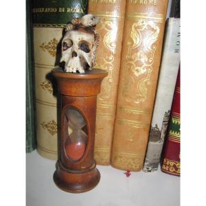 Memento Mori. Small Wooden Hourglass And Carved Bone Skull. Nineteenth Century