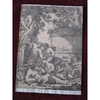 Bacchanal Scene. Copper Engraving From S. XVII. Signed M. Dorigny