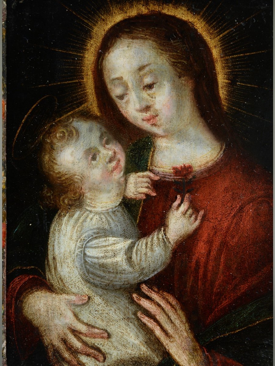 Vierge A l'Enfant Huile Sur Cuivre Dans Un Cadre Wismut Vers 1720-photo-2