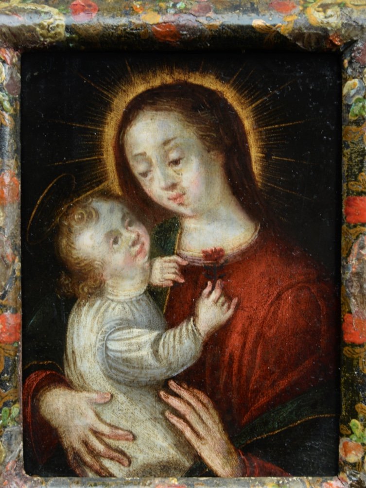 Vierge A l'Enfant Huile Sur Cuivre Dans Un Cadre Wismut Vers 1720-photo-1