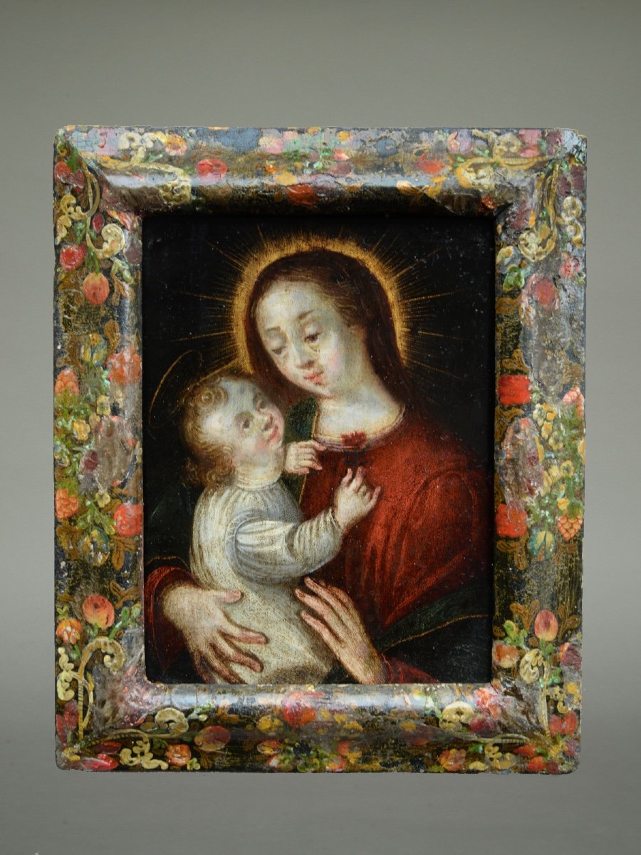 Vierge A l'Enfant Huile Sur Cuivre Dans Un Cadre Wismut Vers 1720