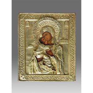 Icône Icone Icon Vierge De Vladimir Vers 1875 Avec Riza En Argent