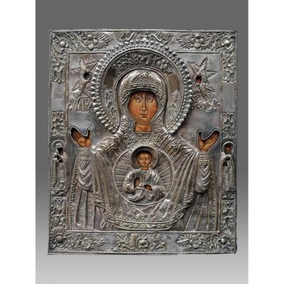 Virgin Icon Znamenie With Riza In Silver Metal - Icon Icon Ikone