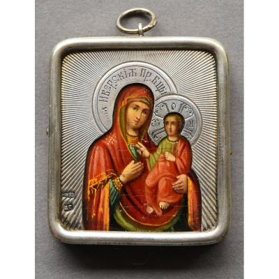 Icone Icon Vierge Iwerskaja Avec Riza En Argent