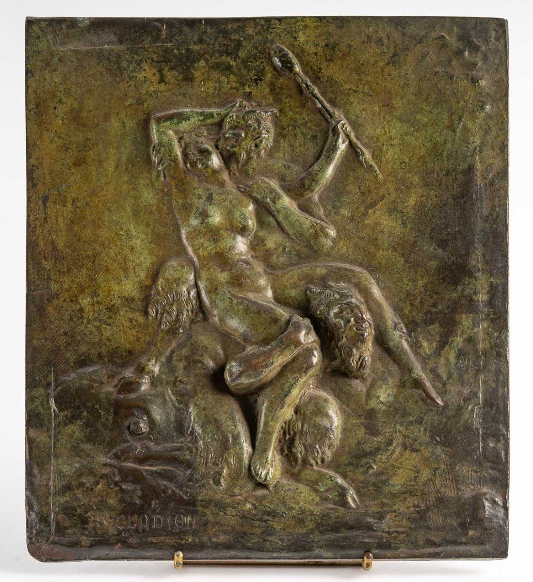 Plaque En Bronze Patiné Représentant Des Faunes, Signée Clodion-photo-1