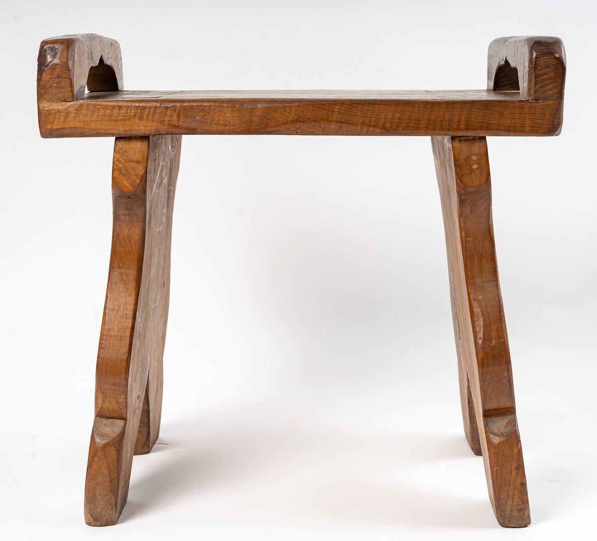 Stool In Carved Wood, Oak, 1950-1960.-photo-3