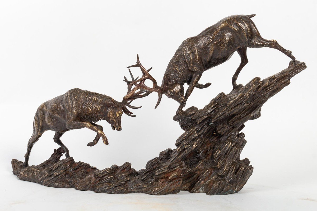 Sculpture En Bronze "combat De Cerfs".