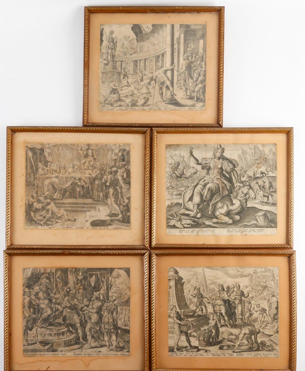 Suite De 5 Gravures Encadrées, Scènes Antiques, XIXème Siècle.