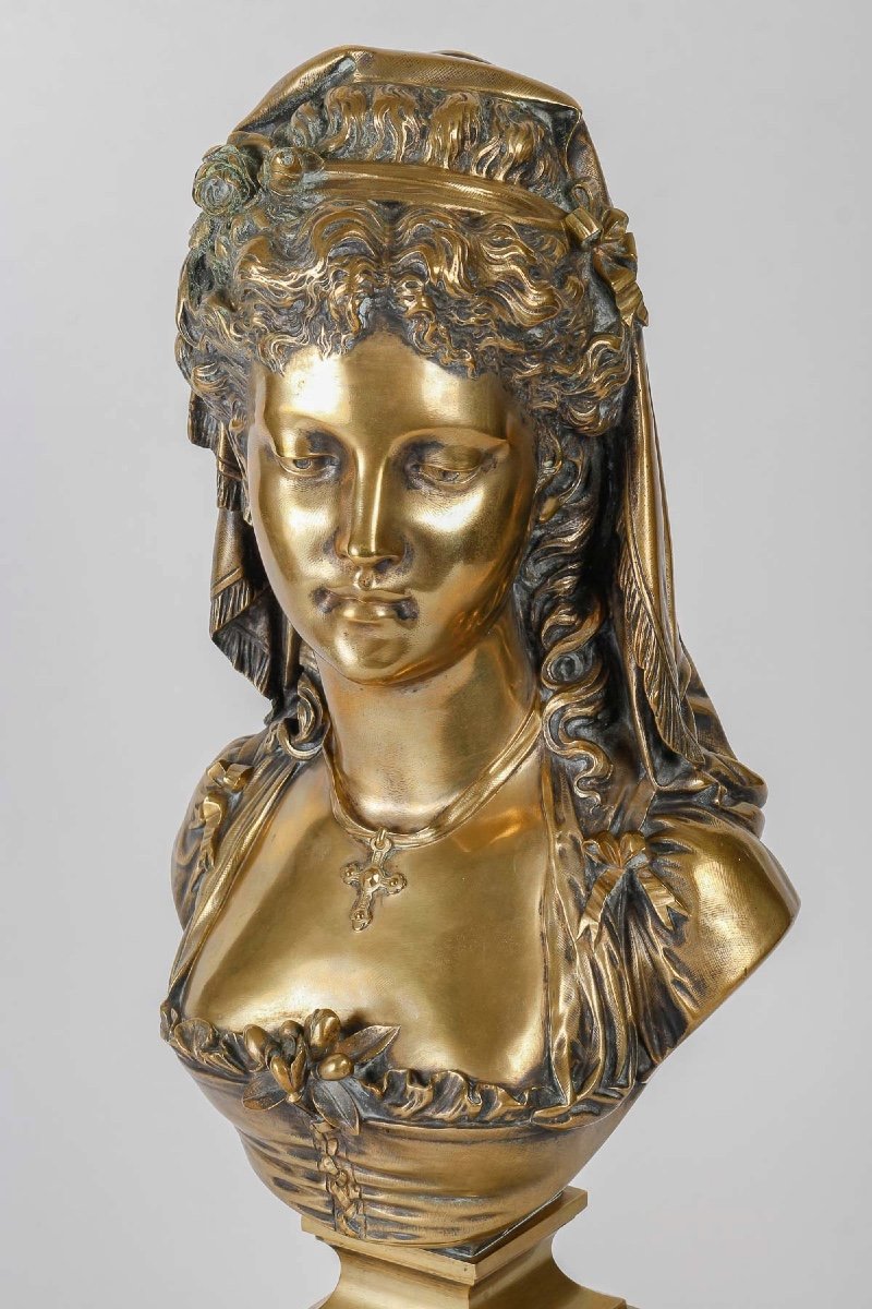 Bust, Sculpture Of A Courtesan In Gilt Bronze By Eugène Antoine François Aizelin.-photo-2