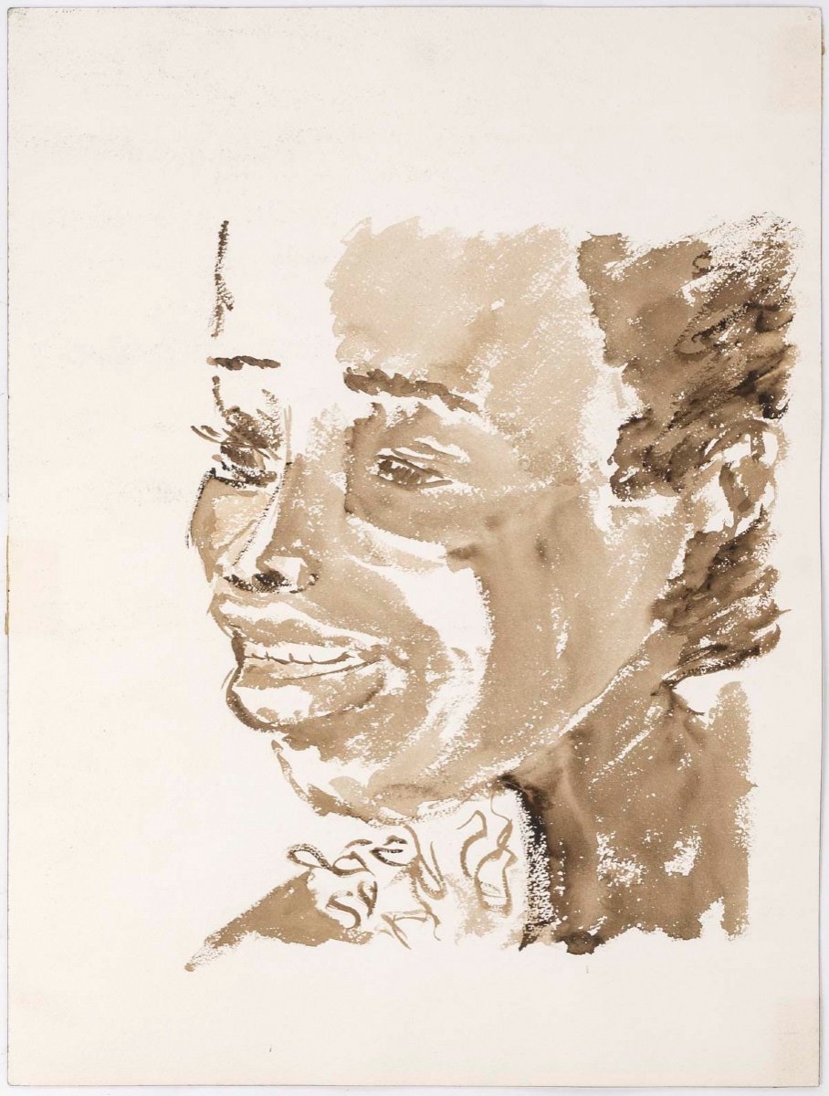 Peinture à L’eau Sur Papier, Portrait D’une Femme Africaine, XXème Siècle.