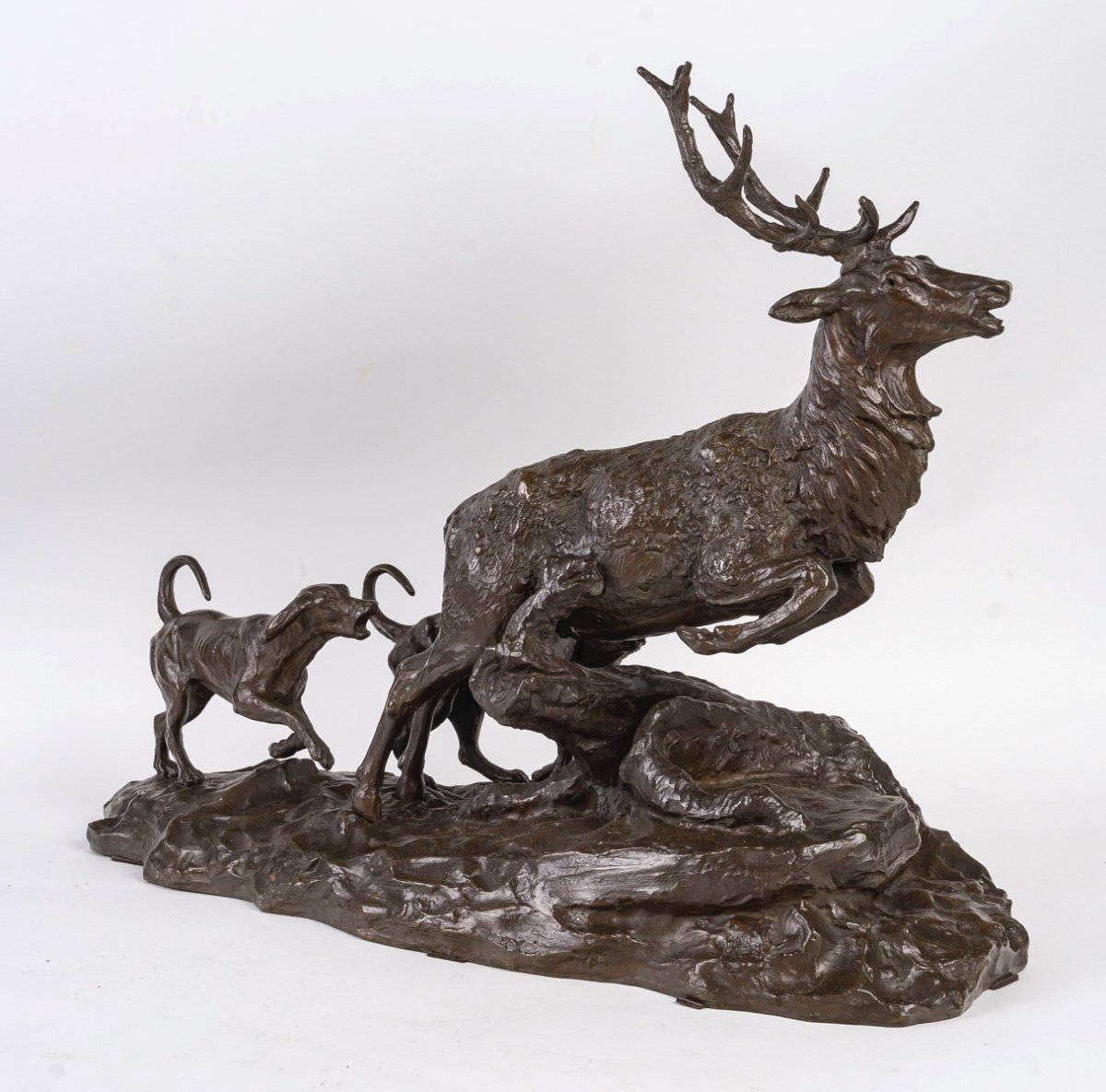 Sculpture En Bronze Patiné, Cerf Et Chien De Chasse, XIXème Siècle.-photo-2