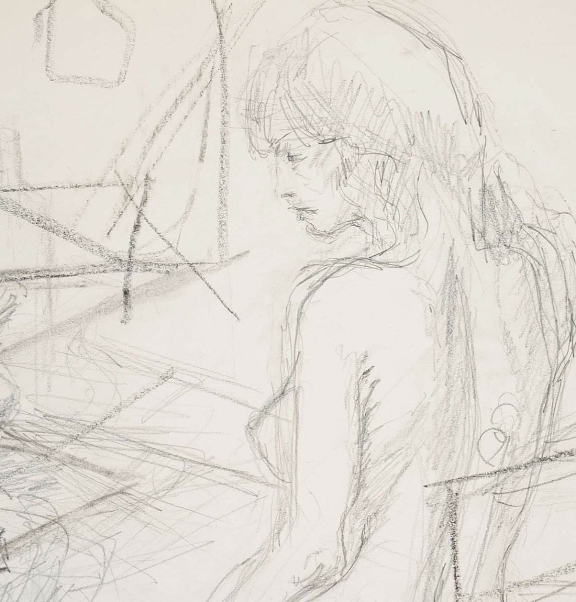 Drawing On Paper, Preparatory Drawing, Young Woman, 20th Century.-photo-2