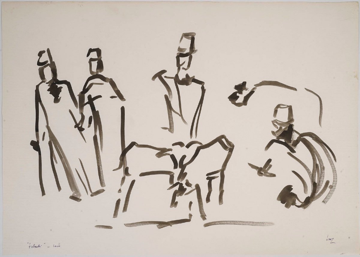 Wash Drawing By The Artist Evelyne Luez On Paper, 20th Century.