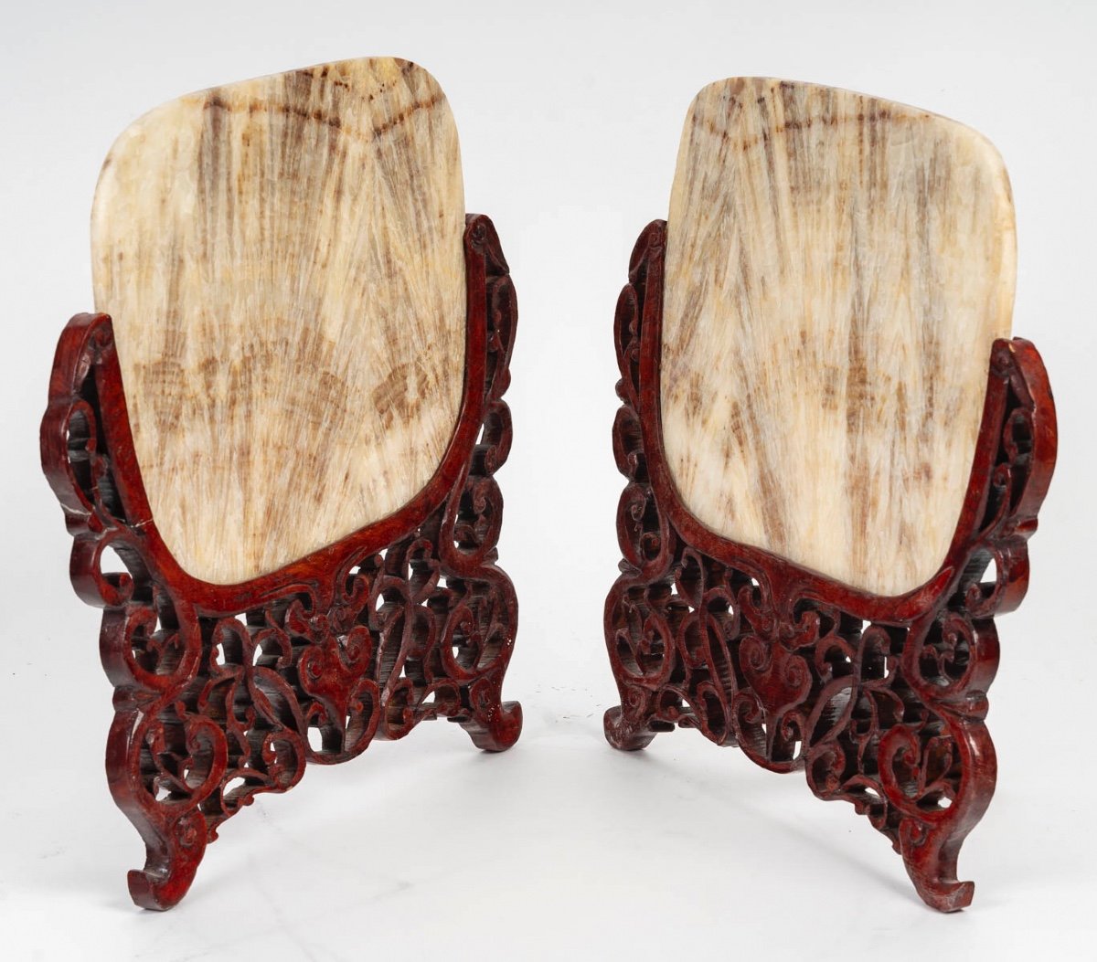 Pair Of Light Covers In Carved Wood And Transparent Marble Slab, Asian Art, 19th Century-photo-2