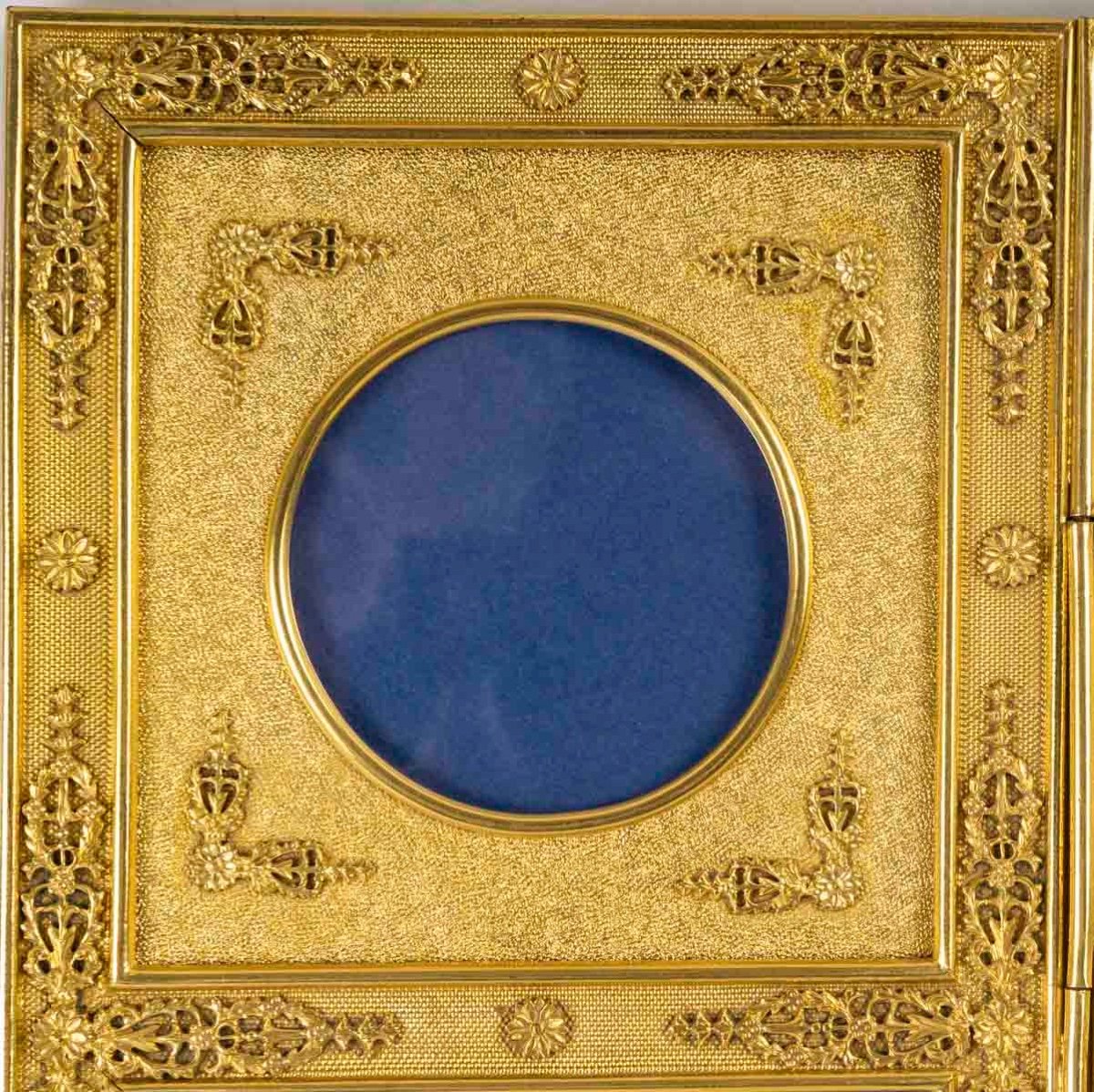 Cadre Photo Double En Bronze Doré Et Tissu, XIXème Siècle, époque Napoléon III.-photo-2