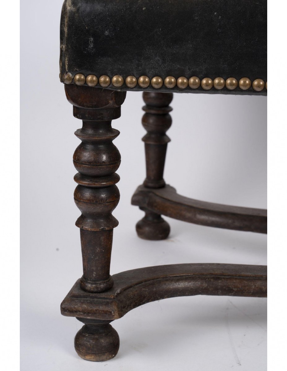 Tabouret En Chêne Du XIXème Siècle, Recouvert De Cuir, époque Napoléon III.-photo-3