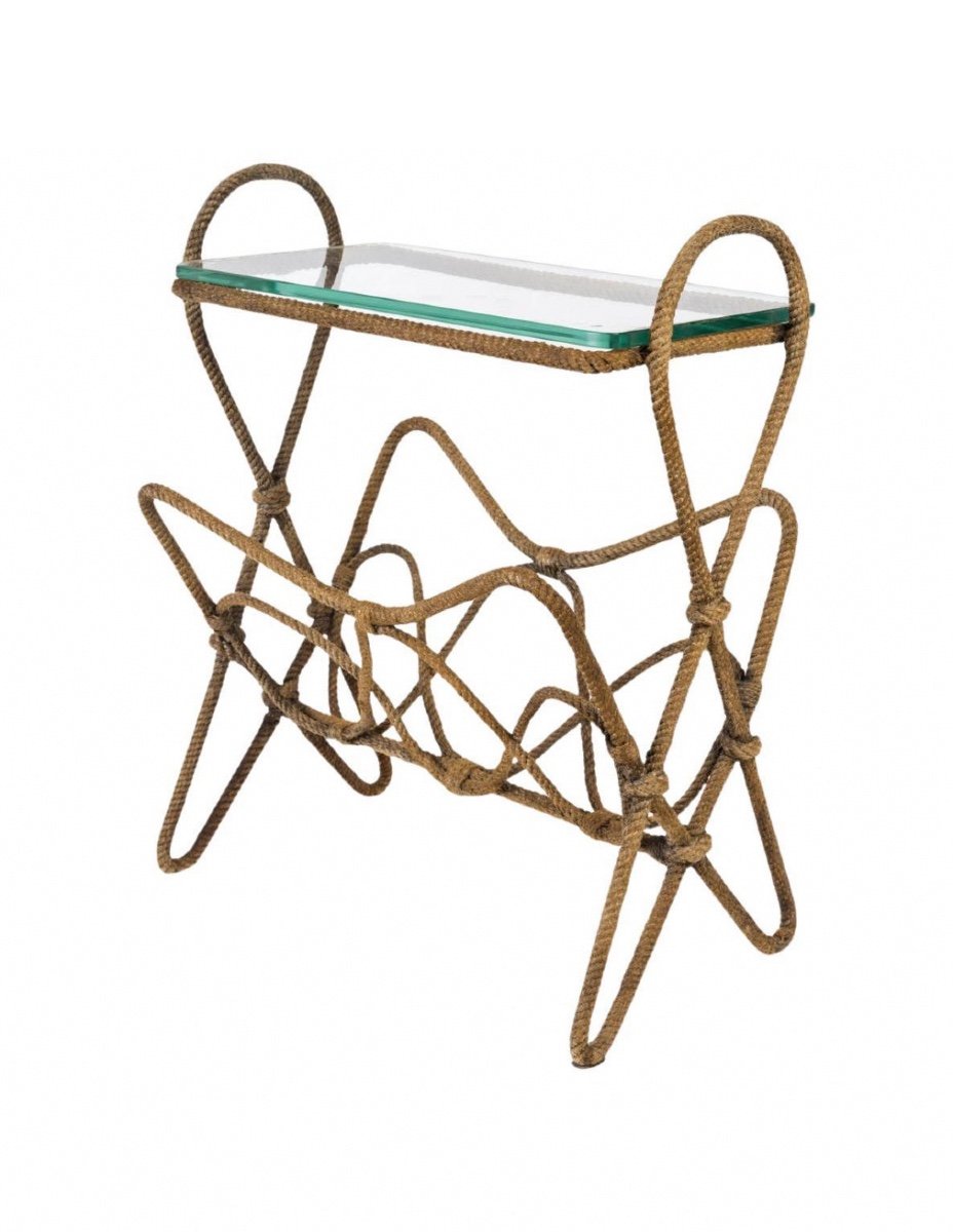 Magazine Rack, Rope End Table, Glass Top, 20th Century.