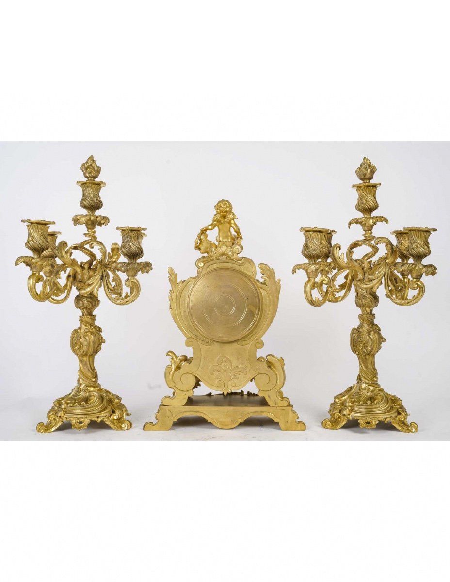 Garniture De Cheminée Avec Ses Candélabres En Bronze Doré De Style Louis XV, XIXème Siècle.-photo-3