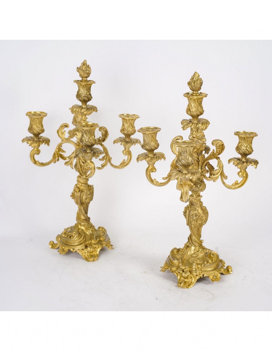 Garniture De Cheminée Avec Ses Candélabres En Bronze Doré De Style Louis XV, XIXème Siècle.-photo-5