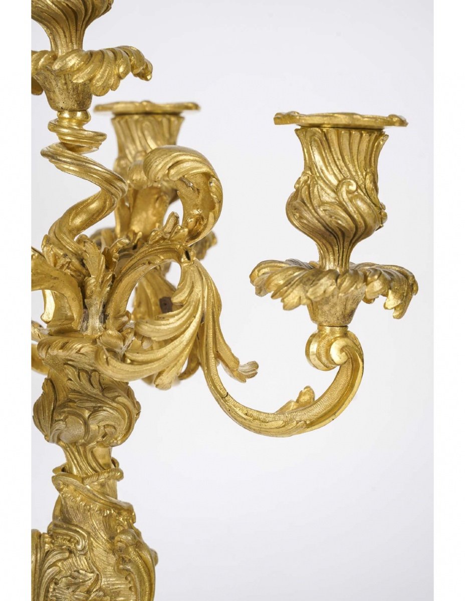 Garniture De Cheminée Avec Ses Candélabres En Bronze Doré De Style Louis XV, XIXème Siècle.-photo-6