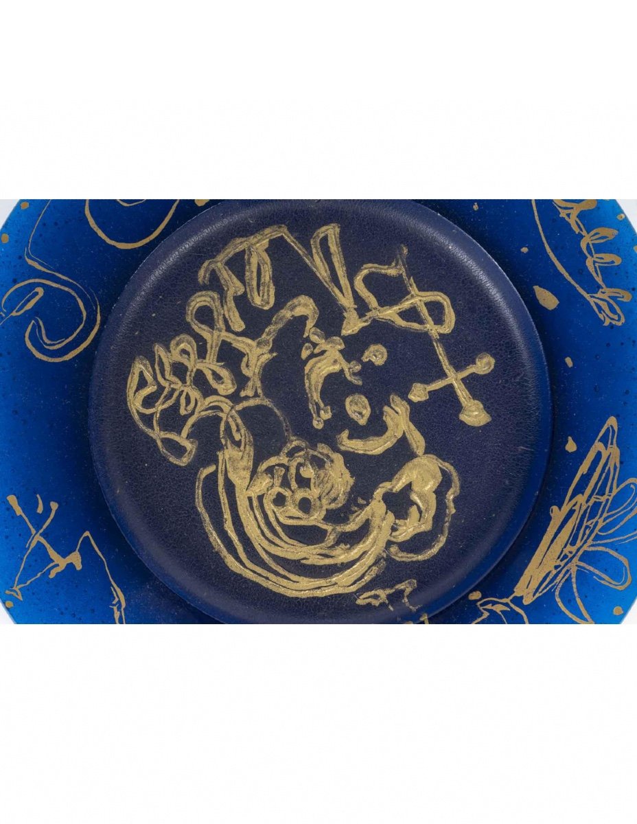 Assiette En Pâte De Verre De Couleur Bleu De Daum Et Dali, Signée, XXème Siècle.-photo-2