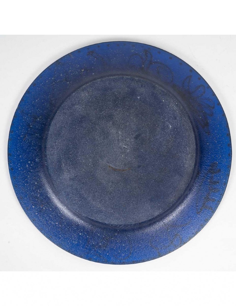 Assiette En Pâte De Verre De Couleur Bleu De Daum Et Dali, Signée, XXème Siècle.-photo-1