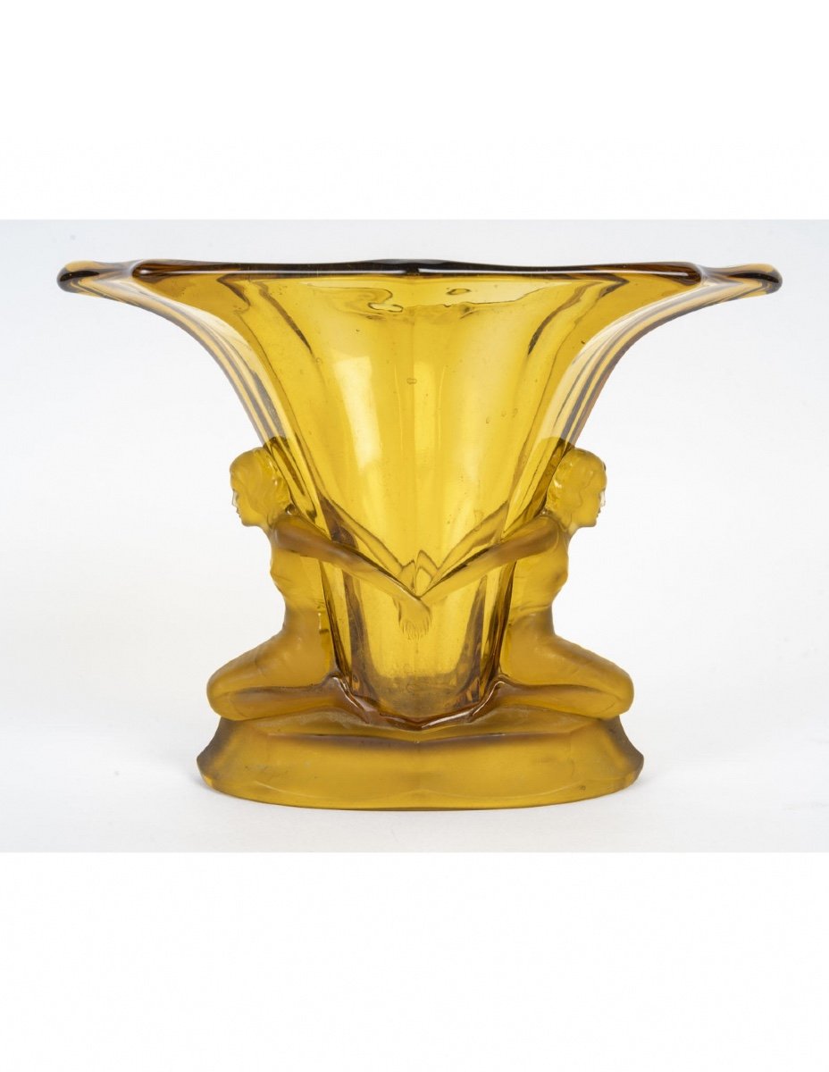 Coupe Des Années 1930, D’époque Art Déco En Pâte De Verre De Couleur Jaune.-photo-2