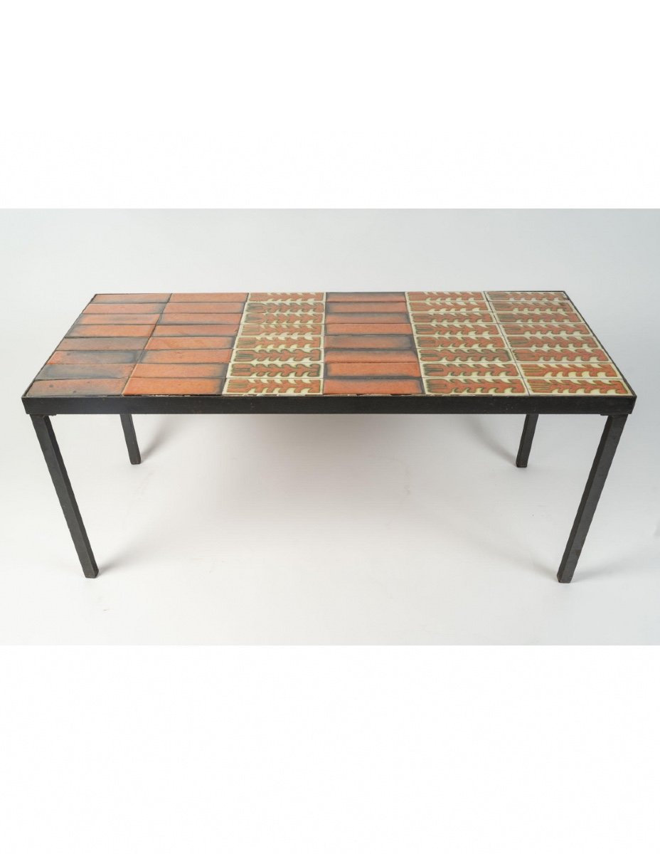 Roger Capron Coffee Table From The 1970s, Ceramic And Metal.-photo-2