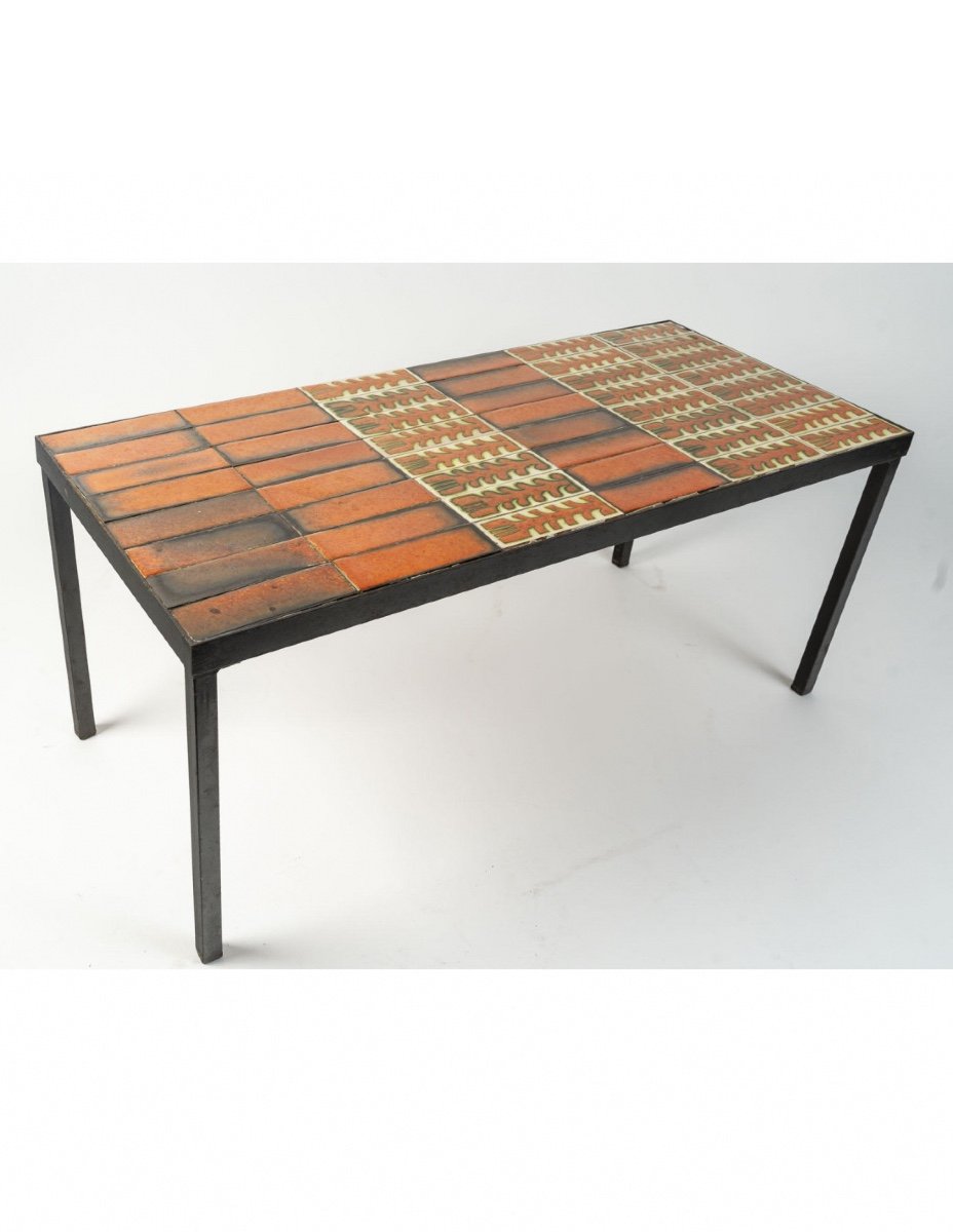 Roger Capron Coffee Table From The 1970s, Ceramic And Metal.-photo-3