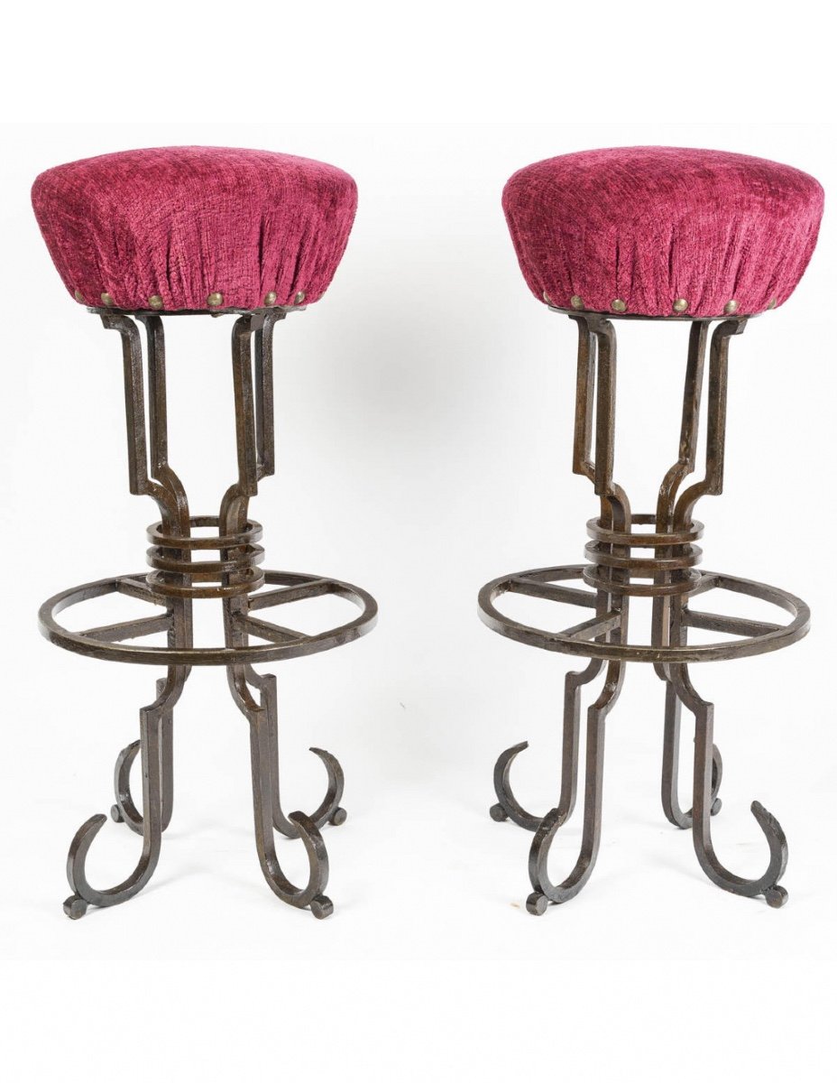 Set Of 7 Wrought Iron And Tapestry Stools, 20th Century, 1950-1960.-photo-2