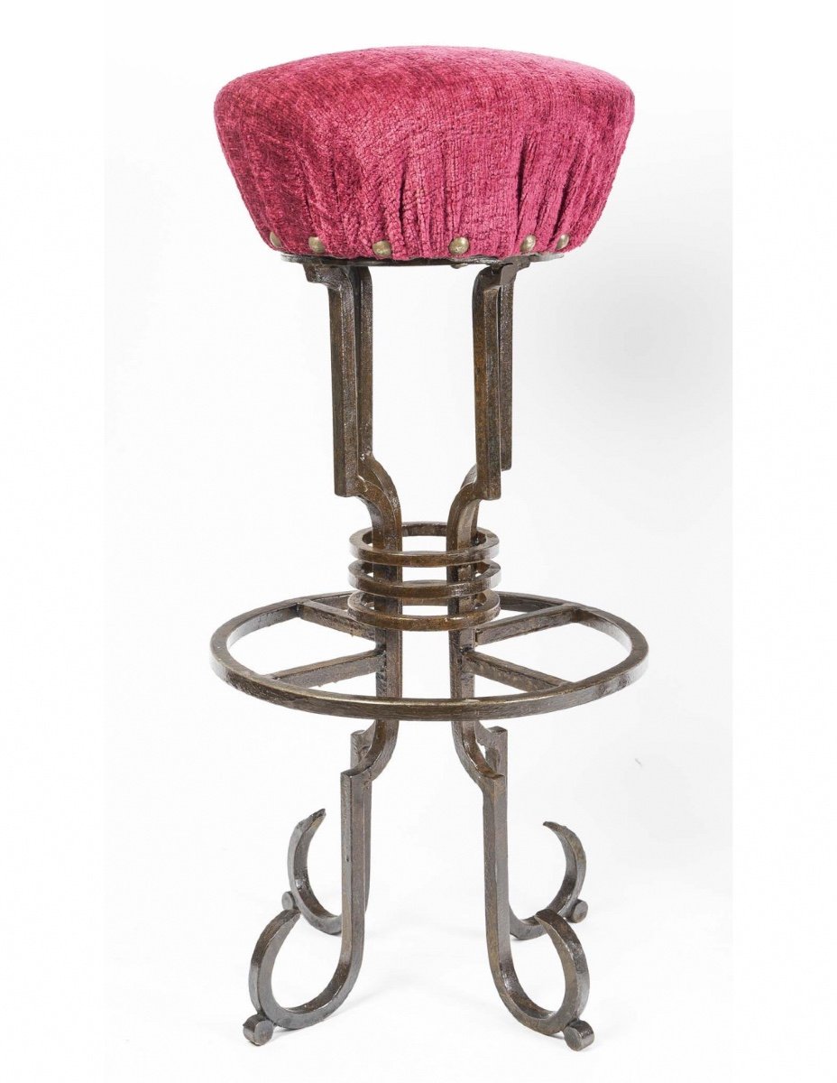 Set Of 7 Wrought Iron And Tapestry Stools, 20th Century, 1950-1960.-photo-3