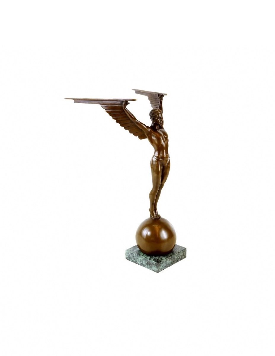 Patinated Bronze Sculpture Representing Icarus, Marble Base, Art Deco Style, 21st Century.-photo-2