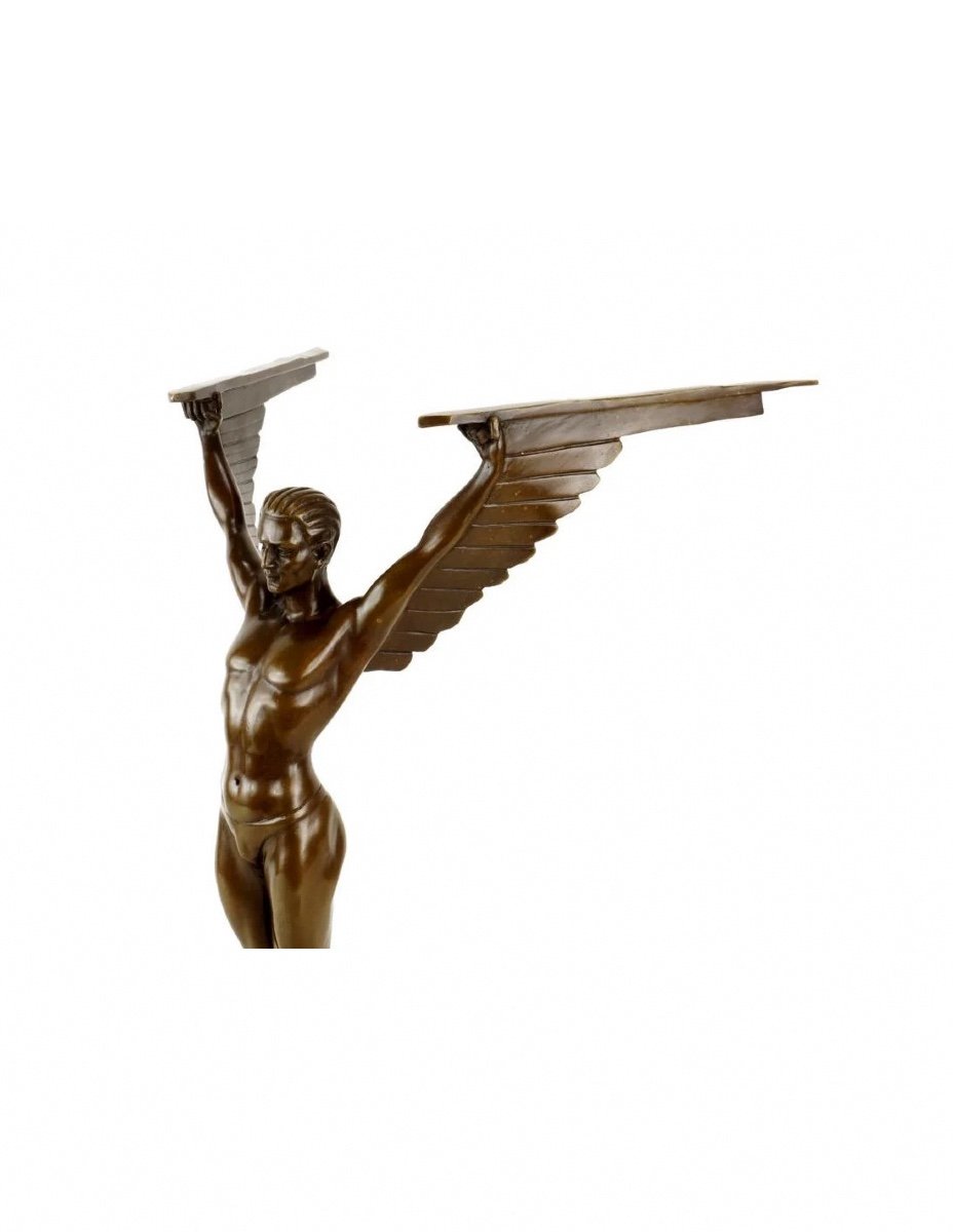 Patinated Bronze Sculpture Representing Icarus, Marble Base, Art Deco Style, 21st Century.-photo-3