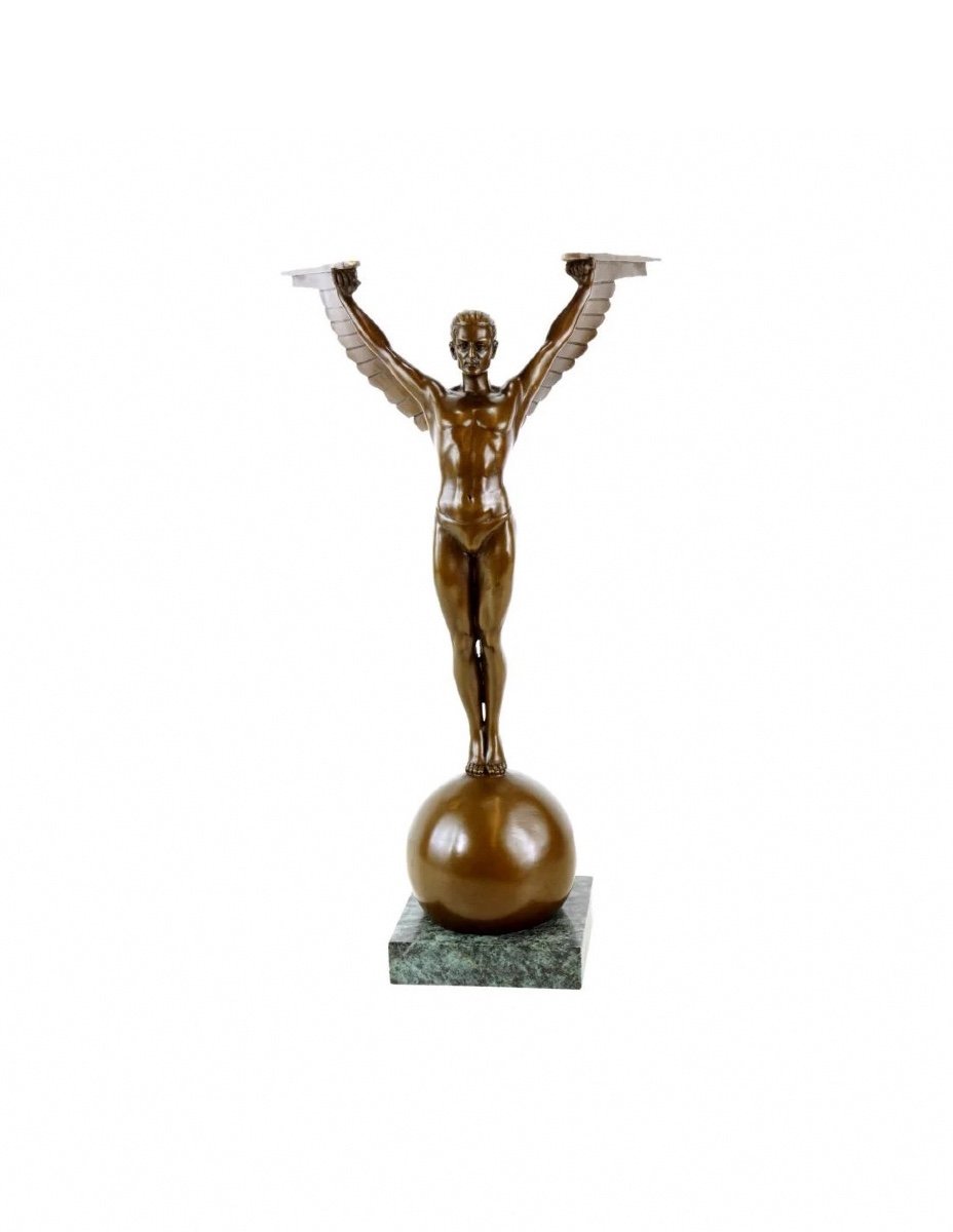 Patinated Bronze Sculpture Representing Icarus, Marble Base, Art Deco Style, 21st Century.-photo-4