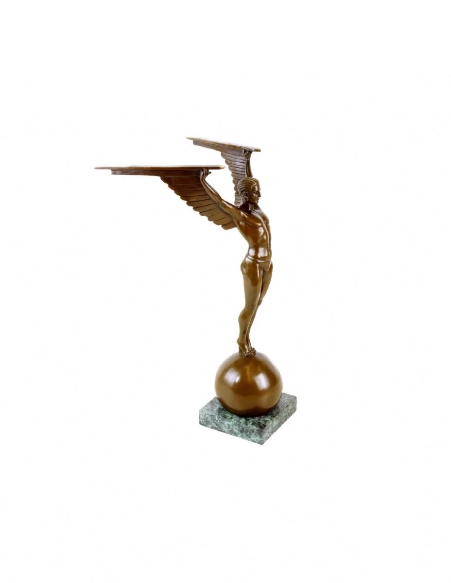 Patinated Bronze Sculpture Representing Icarus, Marble Base, Art Deco Style, 21st Century.-photo-1