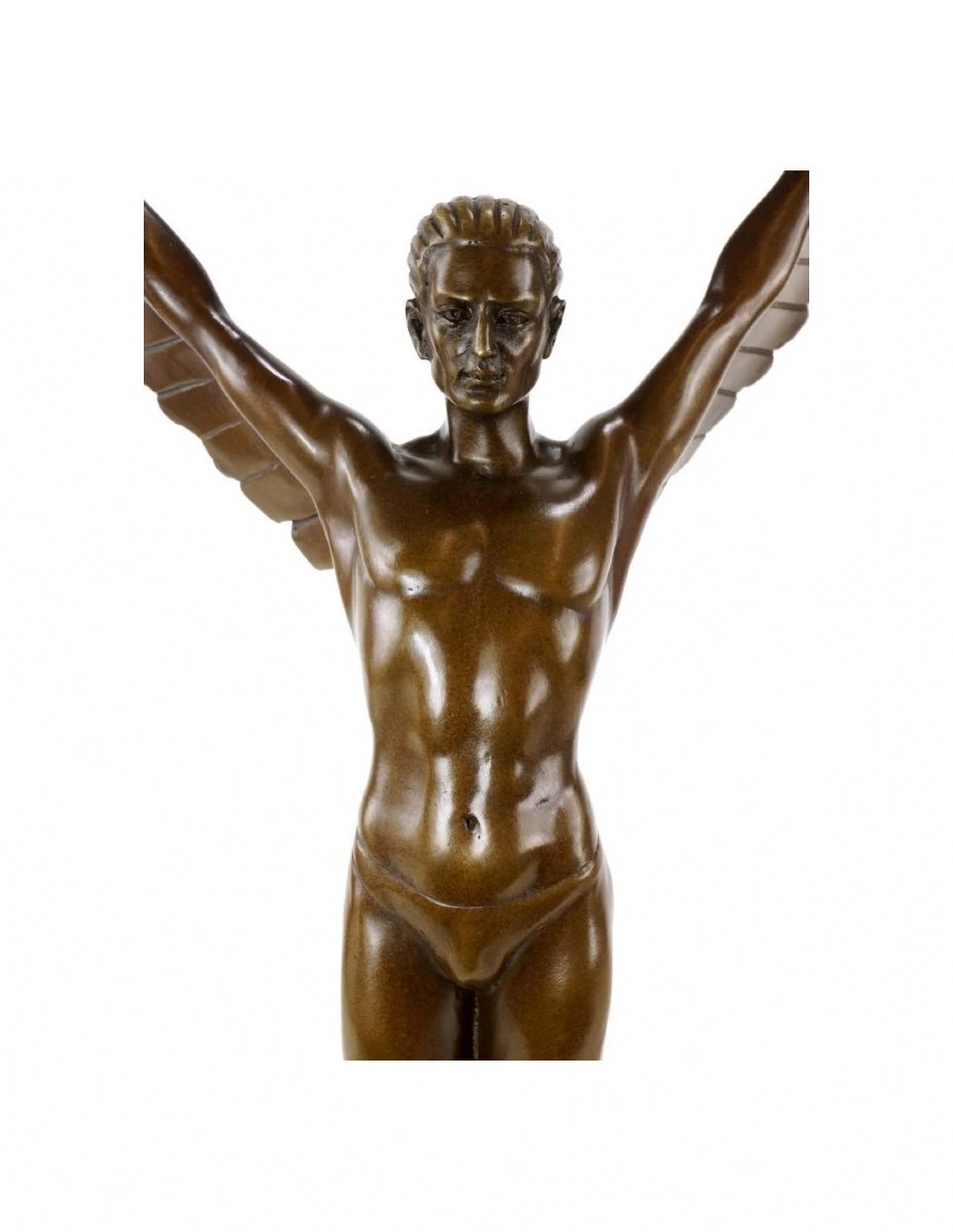 Patinated Bronze Sculpture Representing Icarus, Marble Base, Art Deco Style, 21st Century.-photo-3