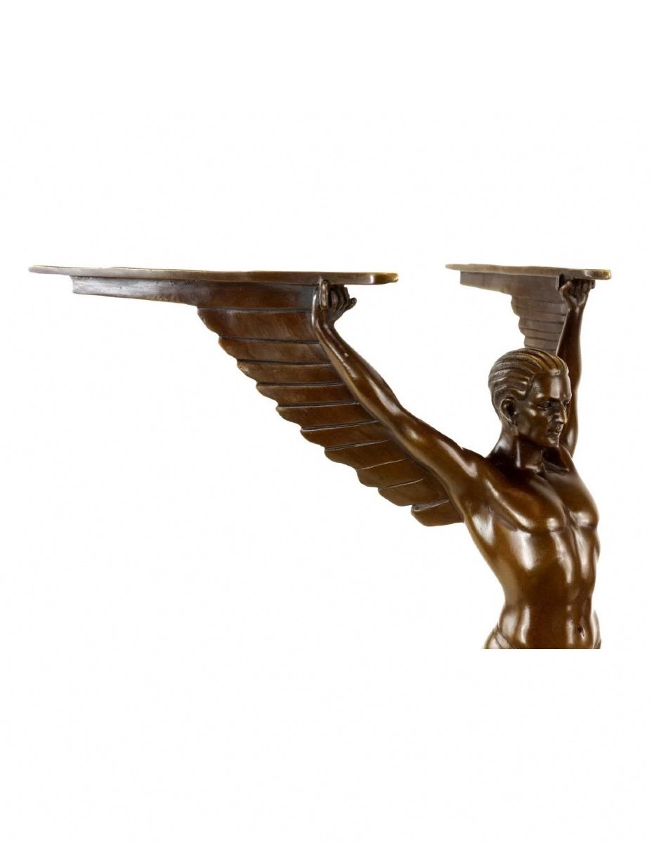 Patinated Bronze Sculpture Representing Icarus, Marble Base, Art Deco Style, 21st Century.-photo-4