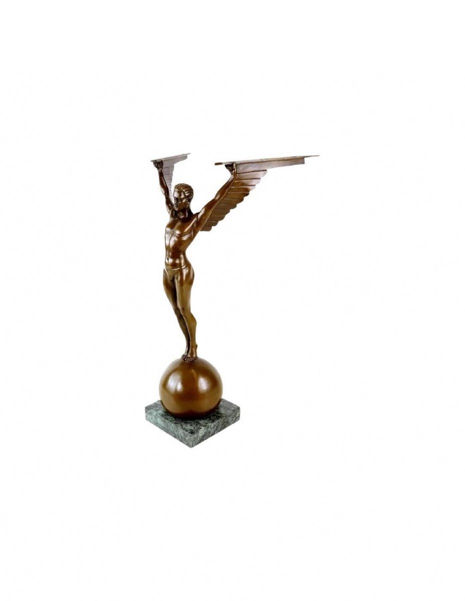 Patinated Bronze Sculpture Representing Icarus, Marble Base, Art Deco Style, 21st Century.