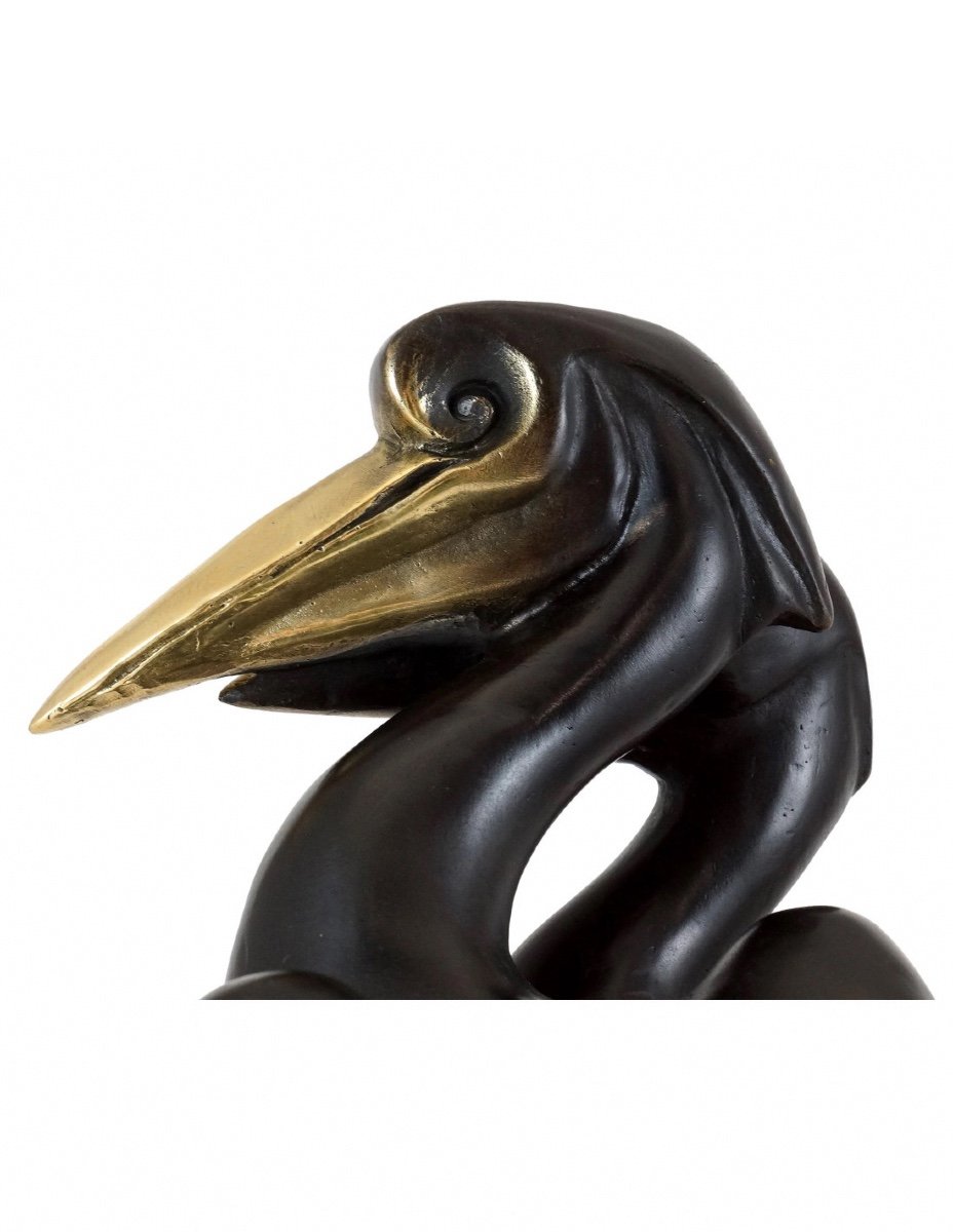 Patinated Bronze Sculpture Representing A Pair Of Pelicans, Contemporary Art, 21st Century.-photo-3