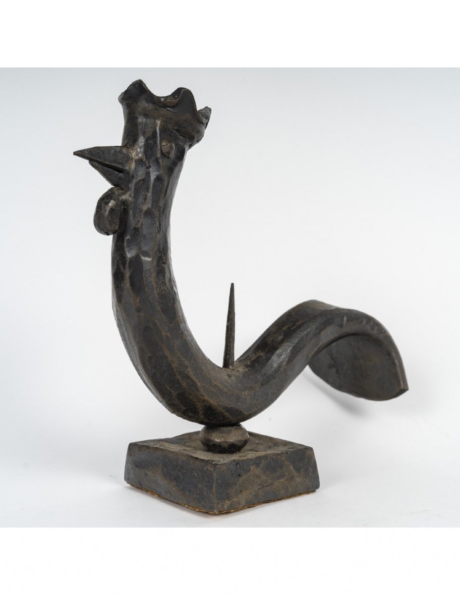 Candlestick, Hammered Wrought Iron Rooster, 1940, 20th Century-photo-1